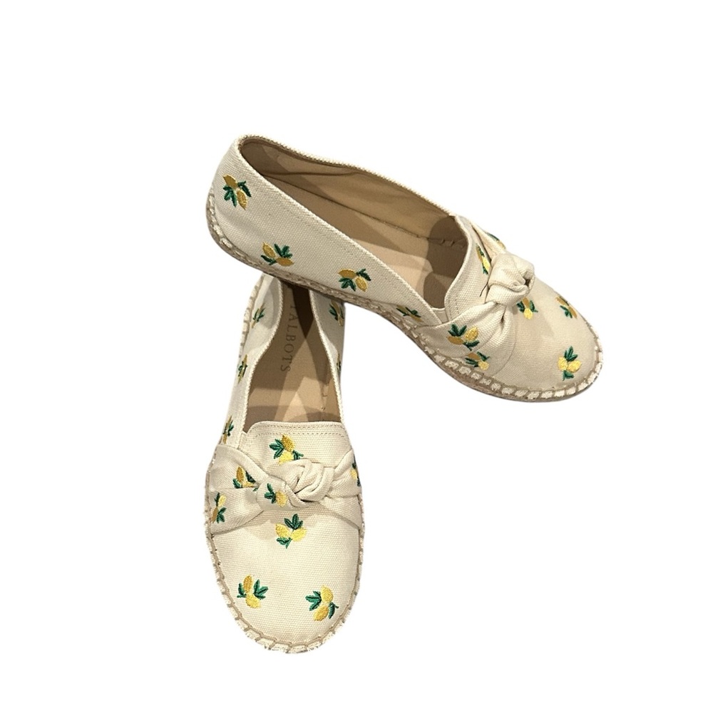 Talbots Izzy Lemon Knotted Canvas Cream Flat Espadrilles Embroidery Shoes 6.5